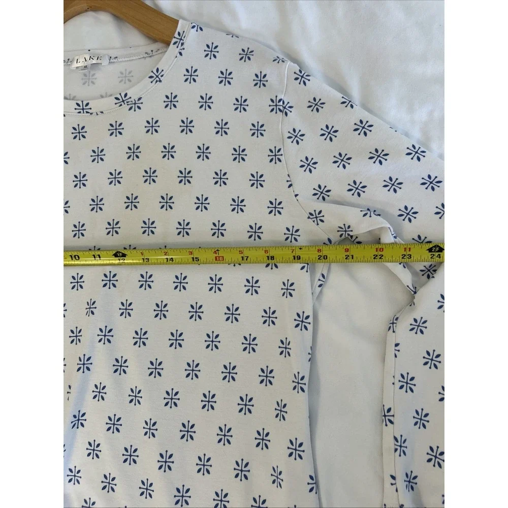 LAKE Pajamas Womens XL Pima Cotton Long-Short Set White Blue Floral Starburst - Picture 3 of 10